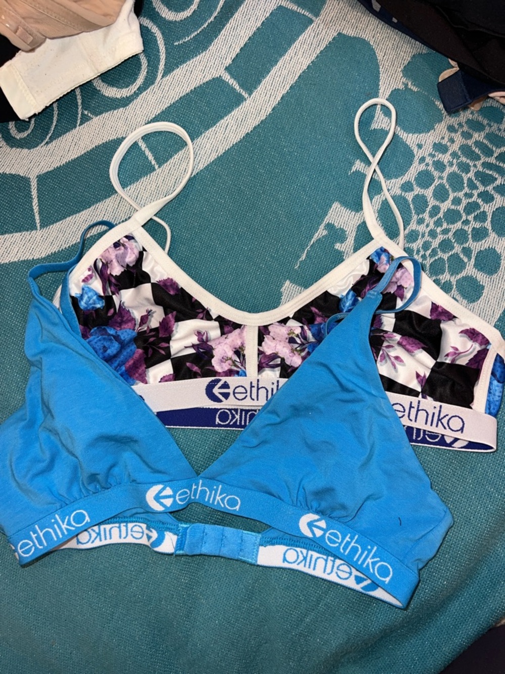 ethika Blue Wireless Bralette Duo with Purple Floral Accent